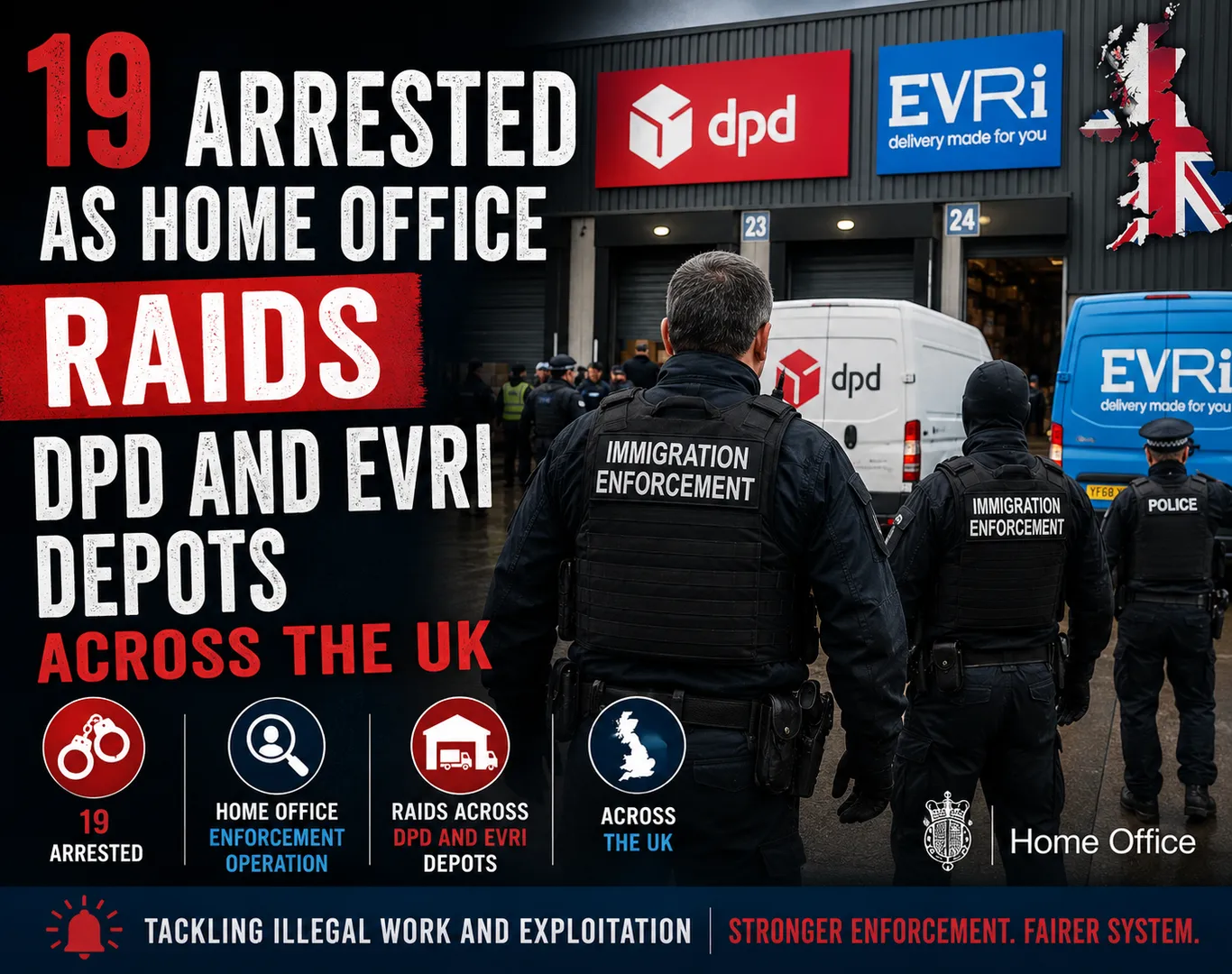 19 Arrested as Home Office Raids DPD and Evri Depots Across the UK