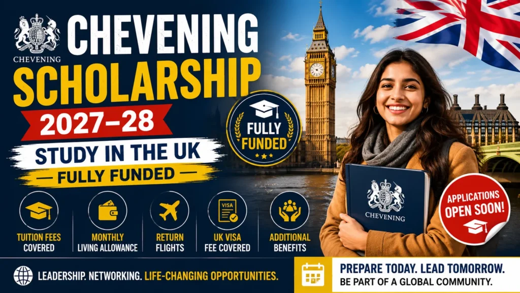 Chevening Scholarship 2027–28 (FREE – Tuition Fees, Monthly Living Allowance, Return Flights, UK Visa Fee)