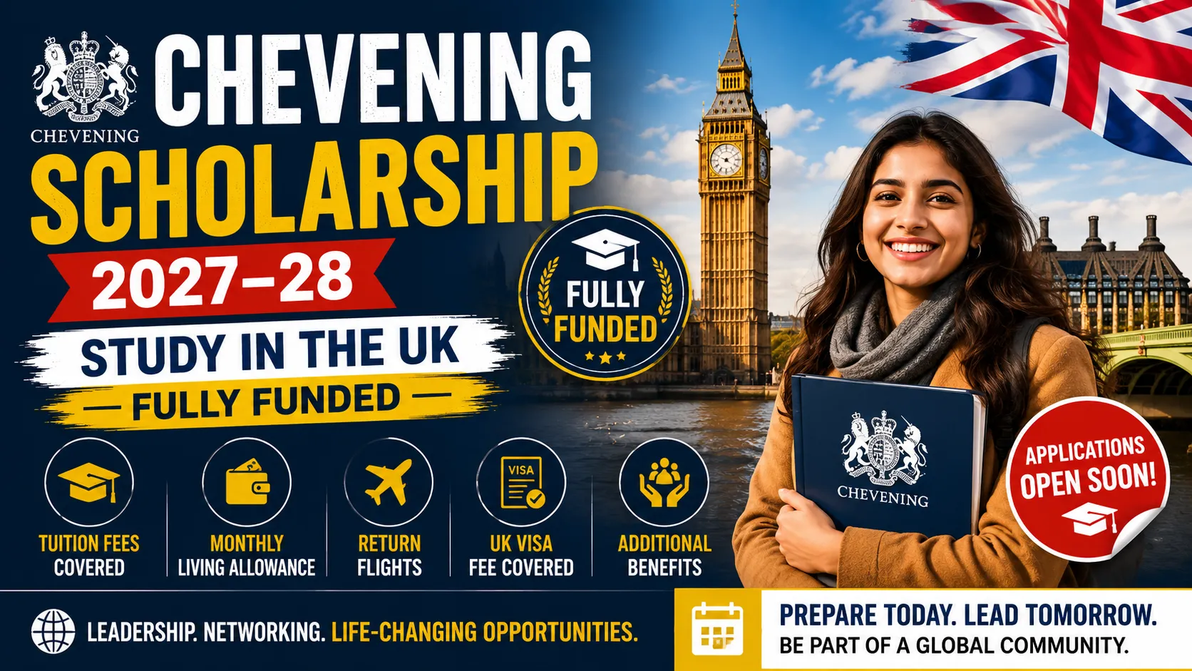 Chevening Scholarship 2027–28 (FREE – Tuition Fees, Monthly Living Allowance, Return Flights, UK Visa Fee)